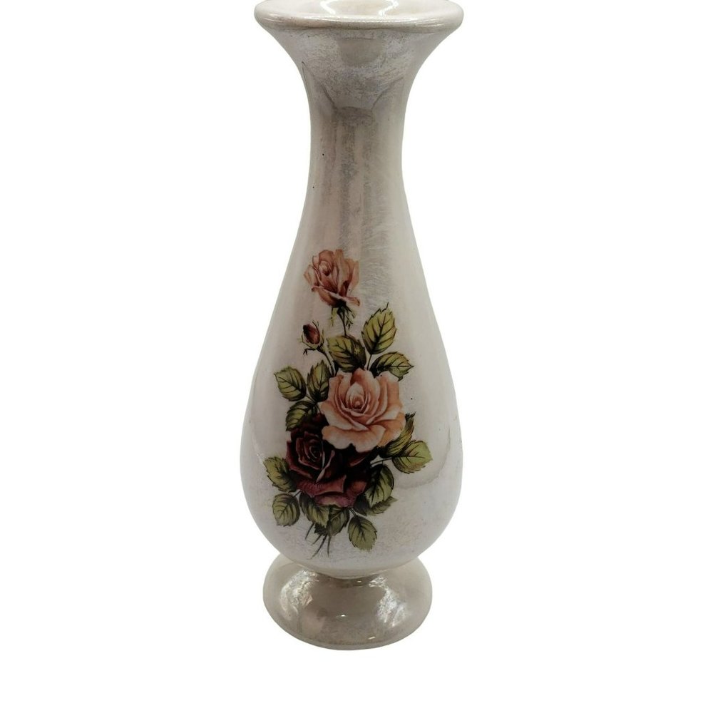 VTG Antique Iridescent Pink Rose Floral Single Stem Bud Vase Signed Fay's Cerami